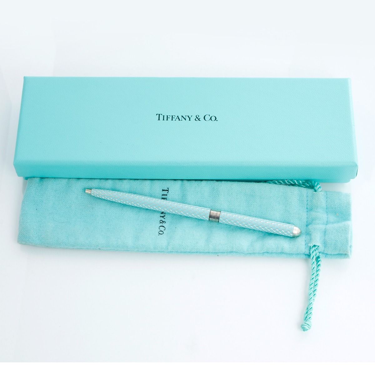 Tiffany Co Sterling Silver Ballpoint Purse Pen Cross Pattern Box Pouch Blue  Ink