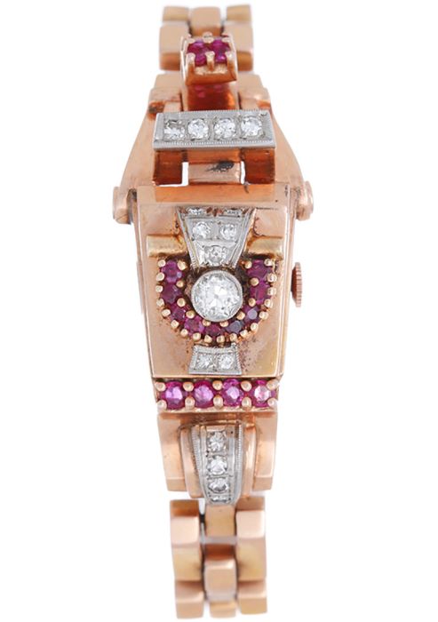 Very Unusual Collectible Vintage Art Deco Style Bulova Retro Diamond Ruby  14k Rose Gold Watch